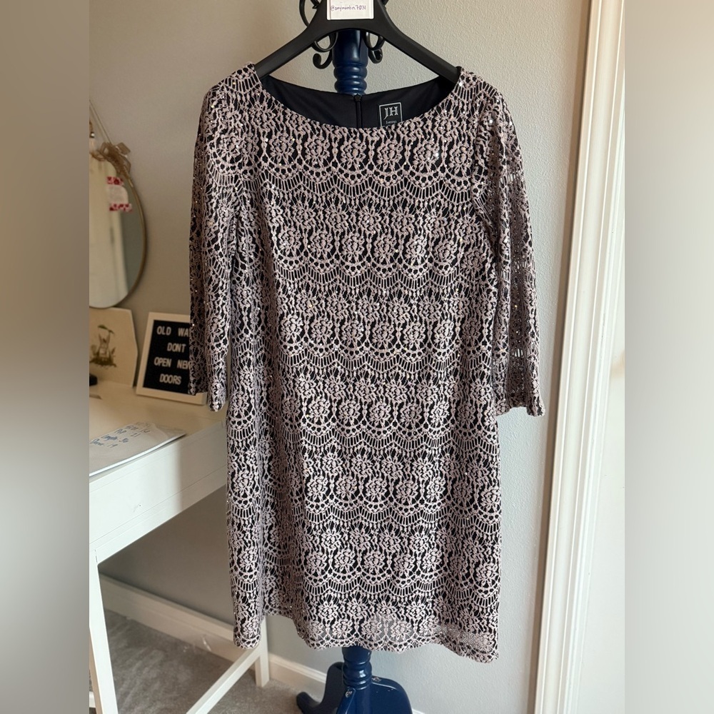 JM Collection Taupe Crochet Lace Shift Dress